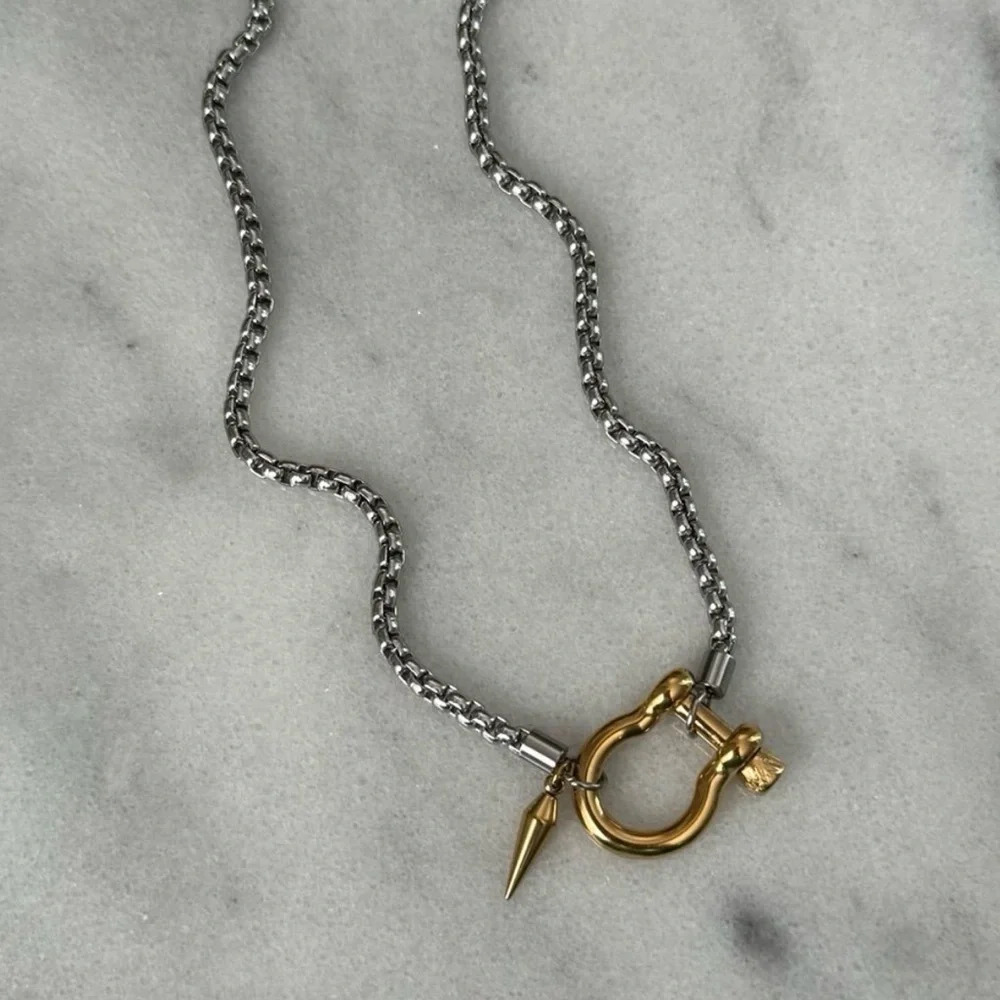COPY - Silver Chain Gold Horse Bit Charm Clasp Carabiner Necklace Brand New